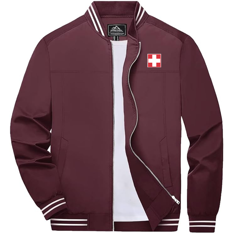 Men'sSwitzerland National Football Soccer Team Lightweight Zip-Up Bomber Jacket  Ribbed Collar and Cuffs Outerwear